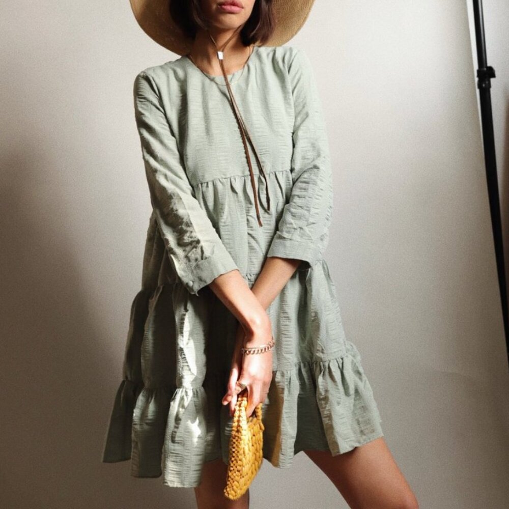 En Saison Sage Tiered Babydoll Mini Dress